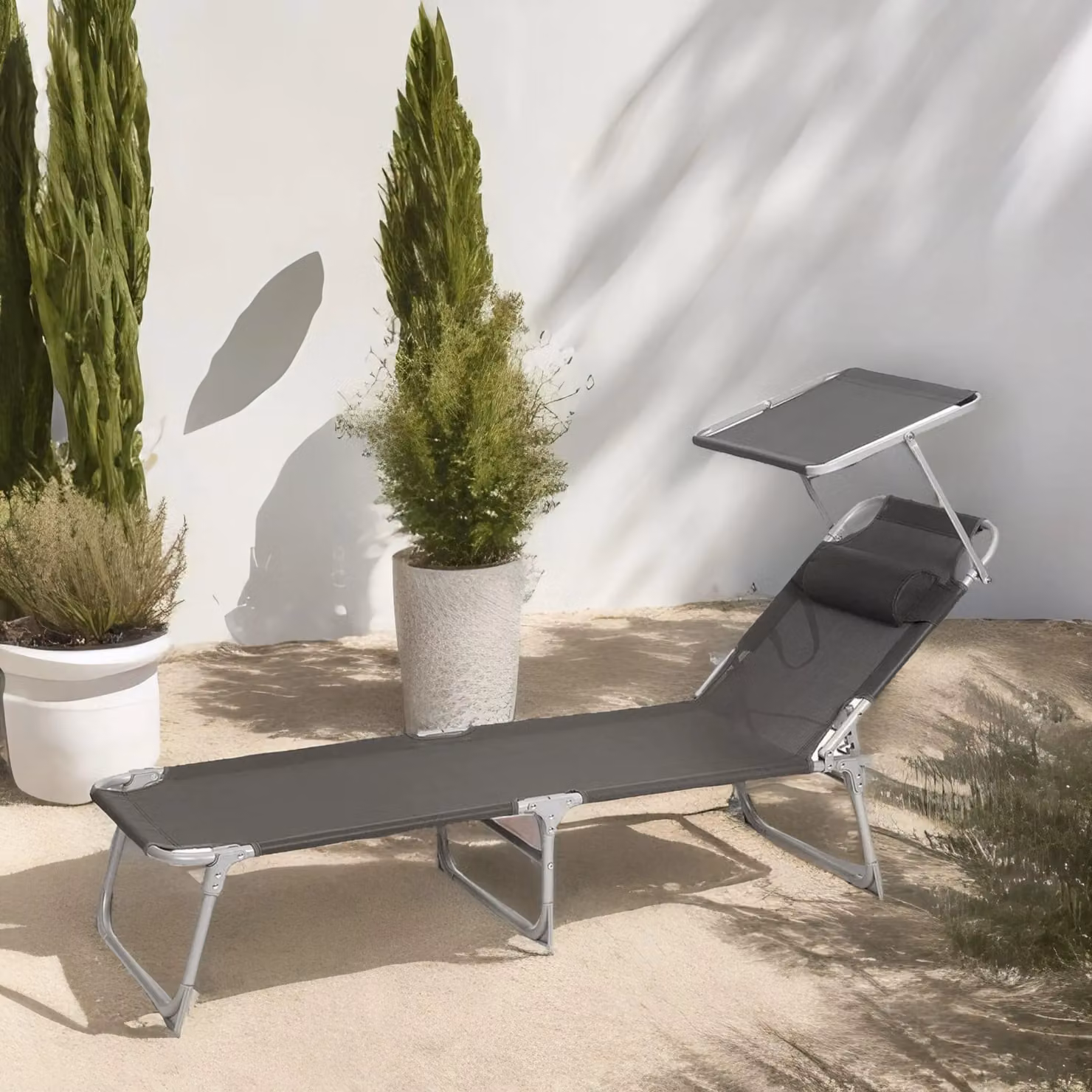 FURNOS Folding Sun Lounger with Sun Canopy and Adjustable Headrest in Dark Grey – 3