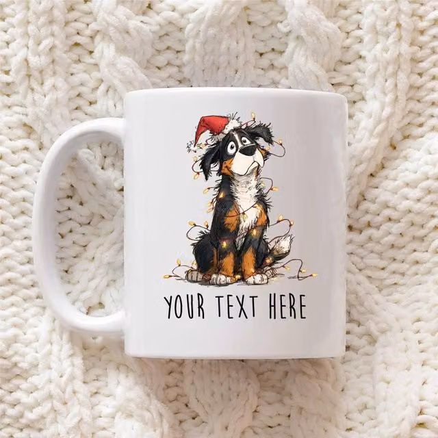 60 SECOND MAKEOVER Personalised Bernese Mountain Dog Christmas Lights Santa Hat Ceramic Mug in White – 1
