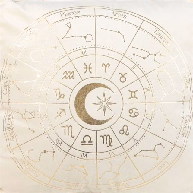 KDMK Celestial Elegance Astrology Wheel Cushion, Off White and Gold, Diameter: 35 cm