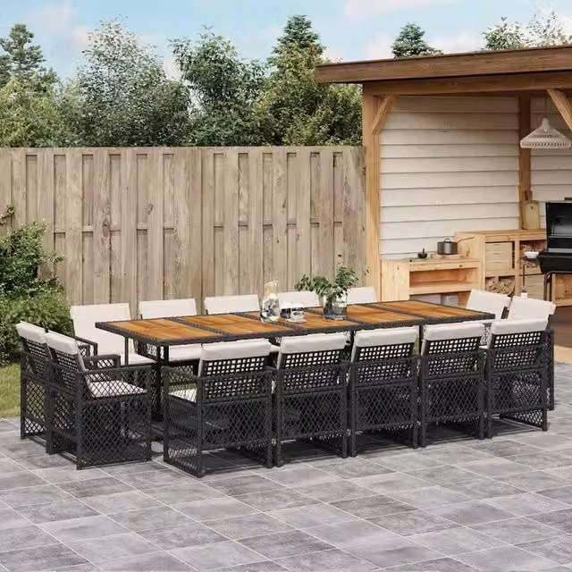 Berkfield Home 15 Piece Garden Dining Set with Black Poly Rattan and Cushions