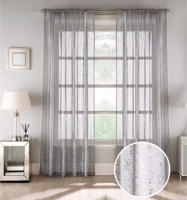 Tyrone Textiles Pair of Grey and Silver Metallic Shimmer Print Sheer Voile Fabric Panels, Width: 122 cm