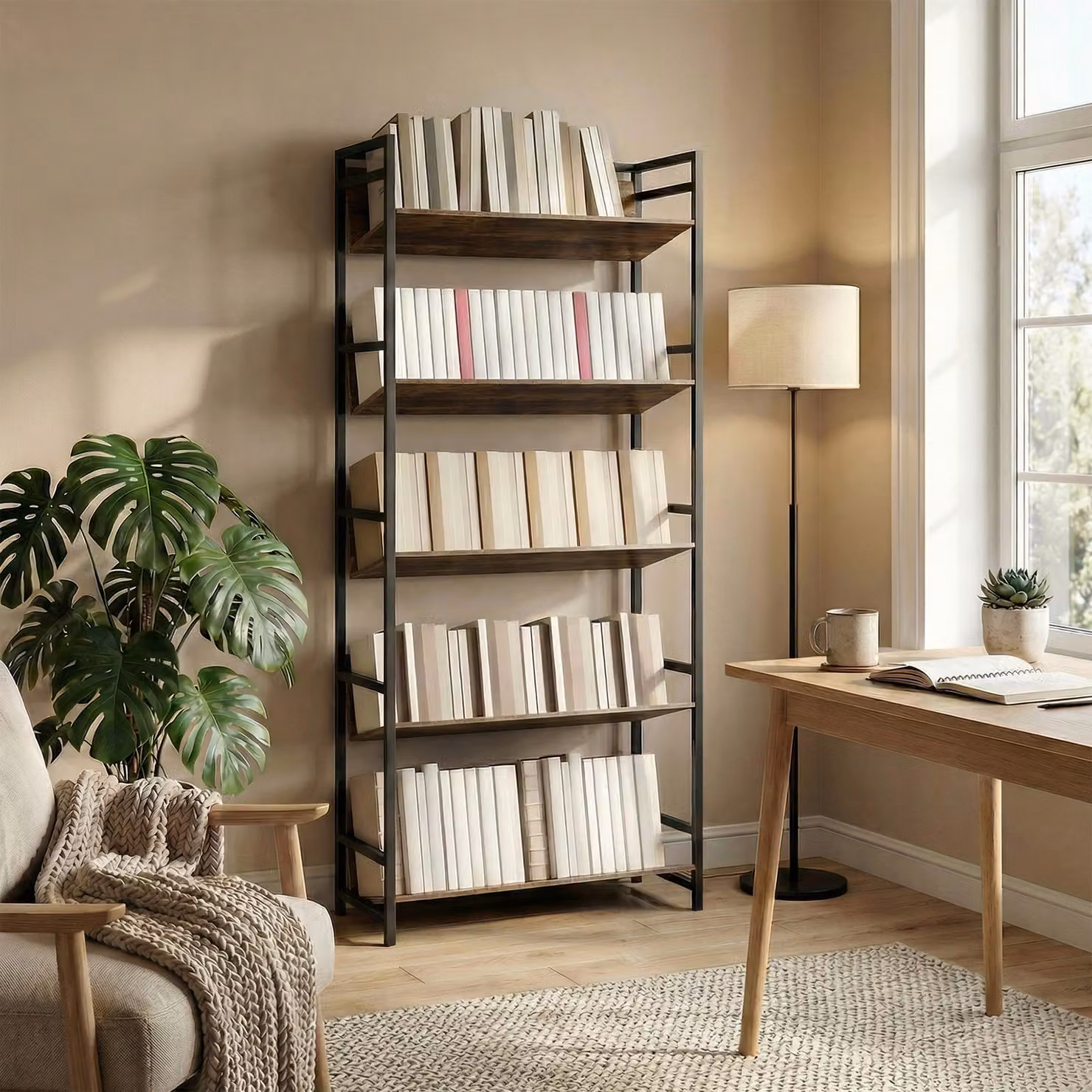 HOMCOM 5-Tier Metal Frame Bookshelf and Room Divider in Rustic Brown – 7