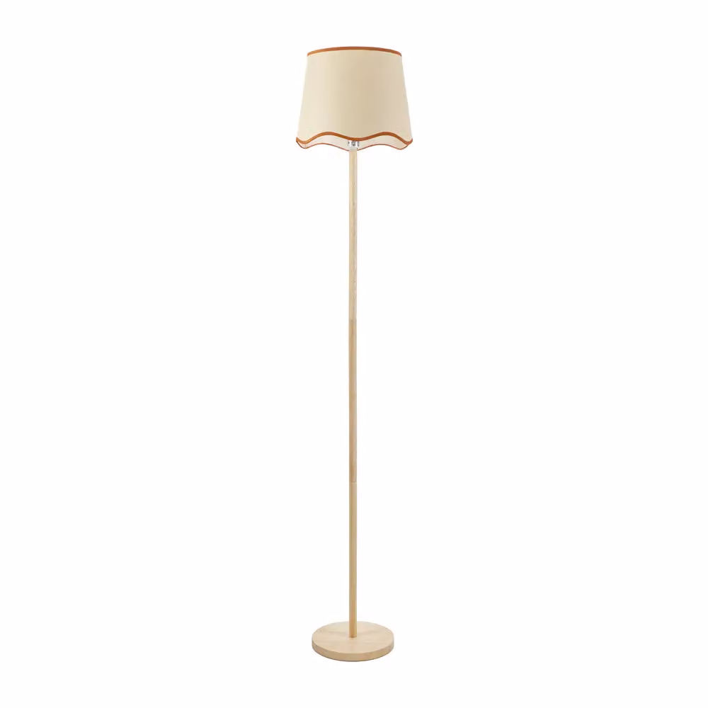 ValueLights Heather Light Wood Stem Floor Lamp with Burnt Orange Scallop Edge Tapered Shade and LED Bulb, H 182 cm x W 35 cm x D 35 cm – 2
