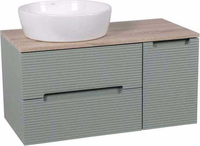 Bathroom Kingdom Monza Green and Oak Fluted Wall Hung Basin Vanity Unit, Width: 90 cm