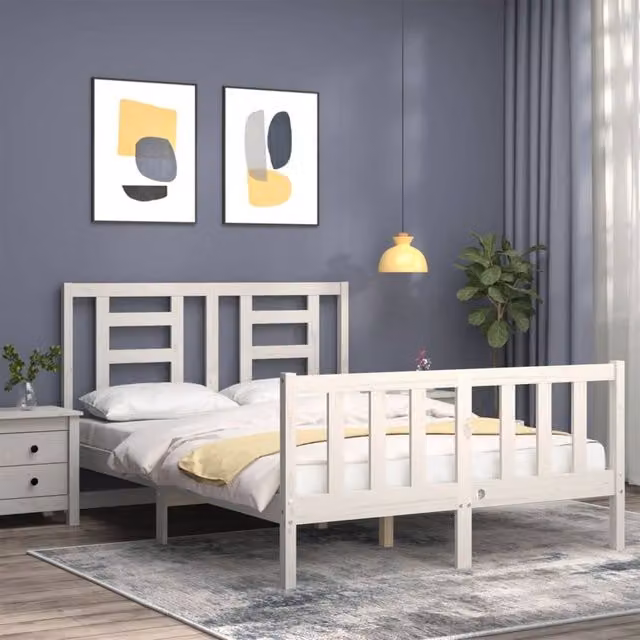Berkfield Home Beautiful Bed Frame with Headboard in White Solid Pine Wood, W/D/H: 140 x 190 cm – 1
