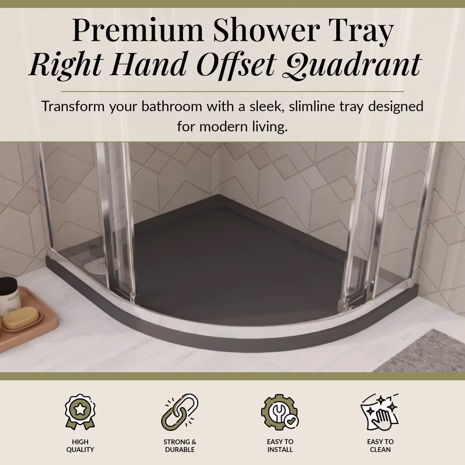 Balterley Premium Asymmetric Right Hand Offset Quadrant Shower Tray in Grey W/D: 90 x 76 cm – 2