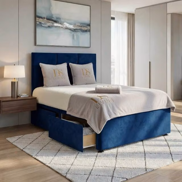 DS Living Opal Modern Upholstered Velvet Drawer Storage Bed Frame in Blue, W/D/H: 140 x 200 cm