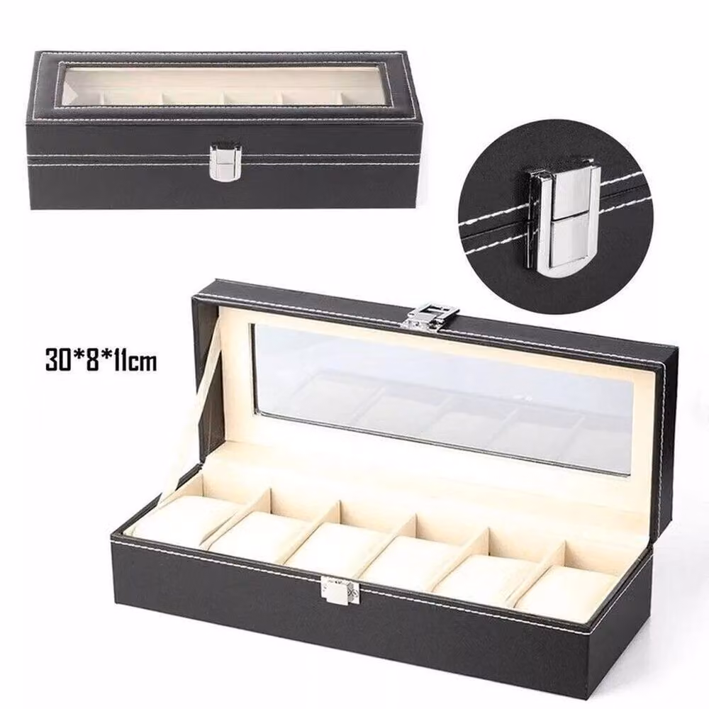 NESTLUNE 6-Grid PU Leather Watch Box for Women's Watch Collection in Black – 4