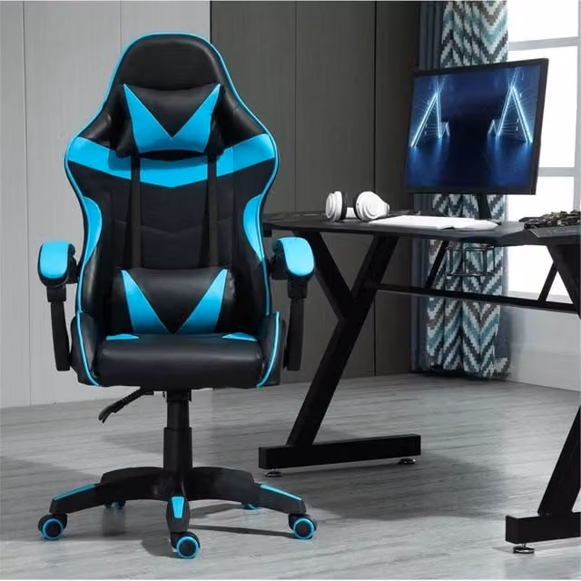 Nordara Blue Faux Leather Swivel Gaming Chair with Headrest for Home Office and Sports Desk – 1