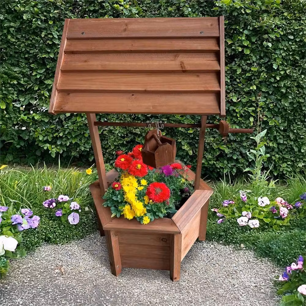 Nordara Garden Wooden Wishing Well Planter in Brown, W/D/H: 37.5 x 36.0 x 74.0 cm – 3