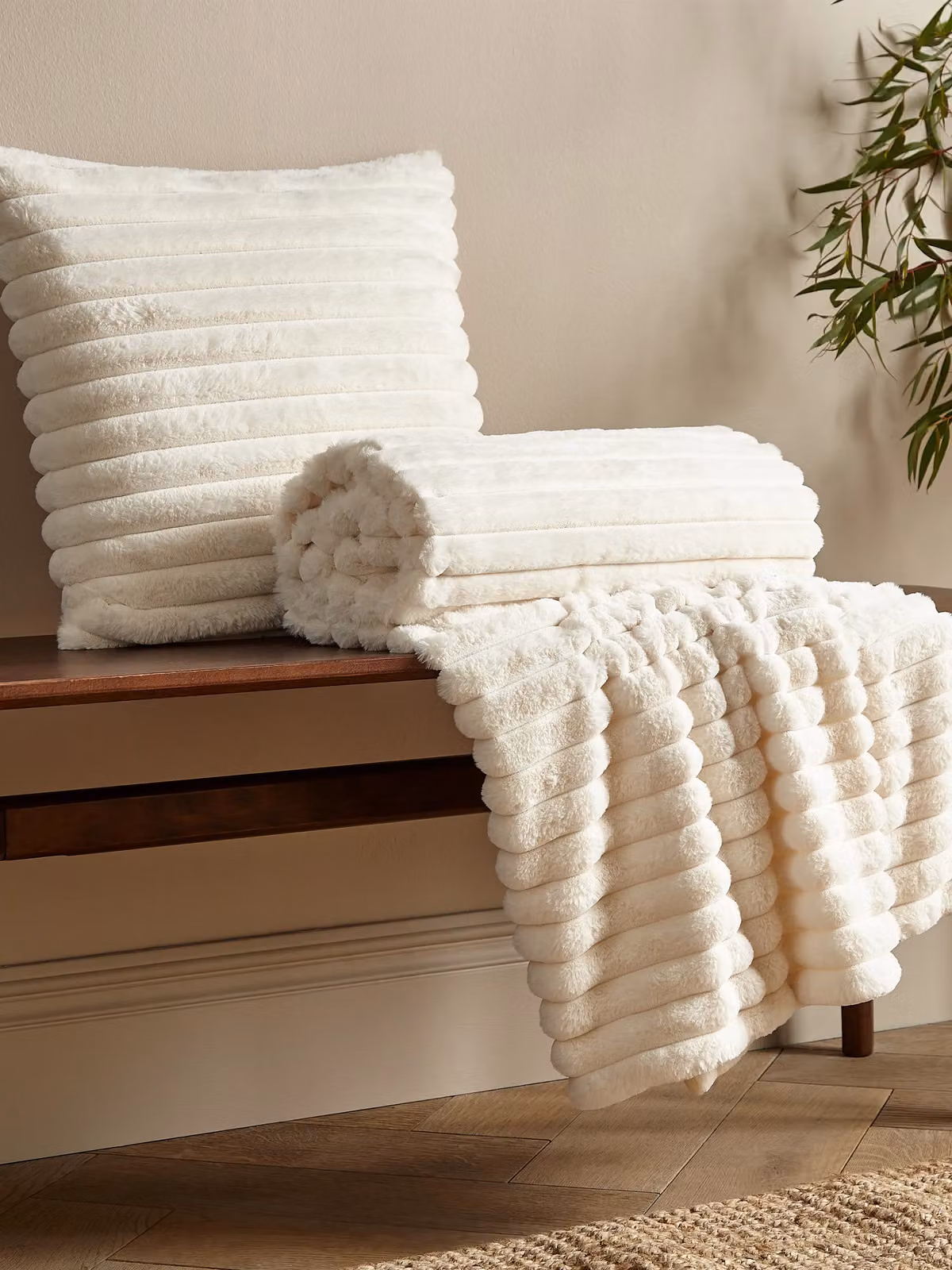 Catherine Lansfield Cosy Ribbed Velvet Cushion, Beige, W/D/H: 45 x 45 x 45 cm – 2