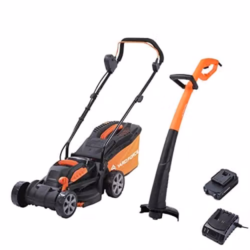Yard Force CR20 20V Cordless Lawn Mower and Grass Trimmer Set in Black and Orange with 33cm Cutting Width, 30L Collection Bag, Rechargeable Battery and Charger Included