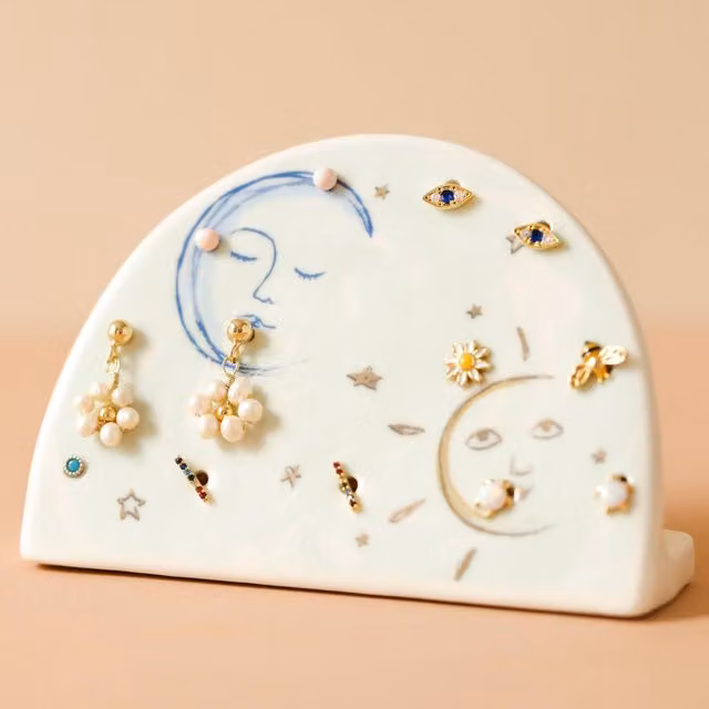 Lisa Angel White Ceramic Sun and Moon Round Tabletop Earring Holder