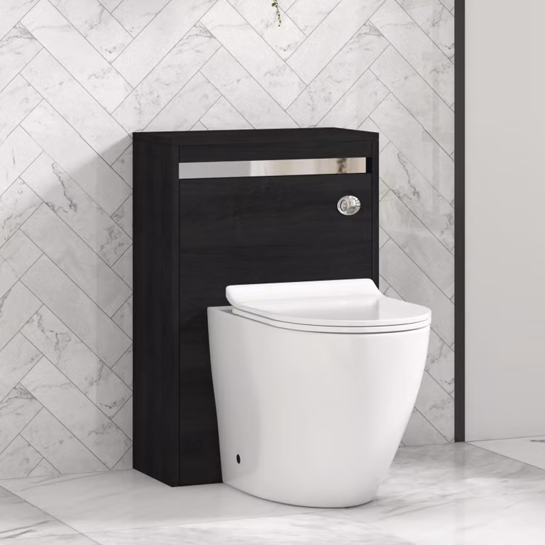 Orion Hale Black BTW WC Unit with Elva Rimless Ceramic Toilet Pan, Slim Soft Close Seat and Cistern with Chrome Accent Trim