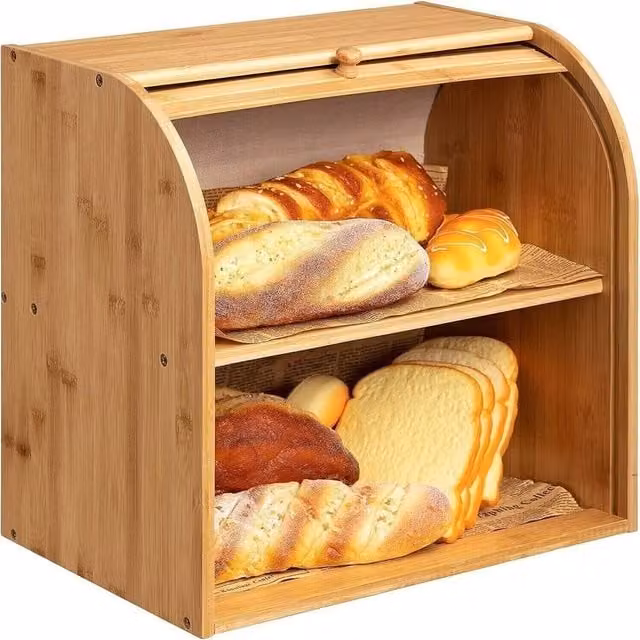 SPETLEK 2-Tier Brown Bread Bin with Slide Top and Bamboo Compartments, W: 38 cm, D: 38 cm, H: 25 cm – 1