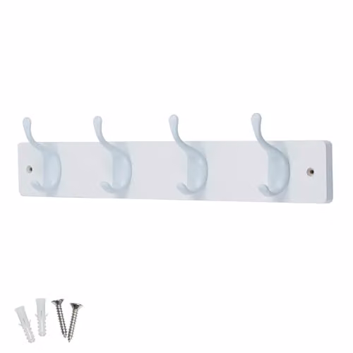 Keypak 4 White Gloss Coat Hooks on White Wooden Board, Width: 46 cm
