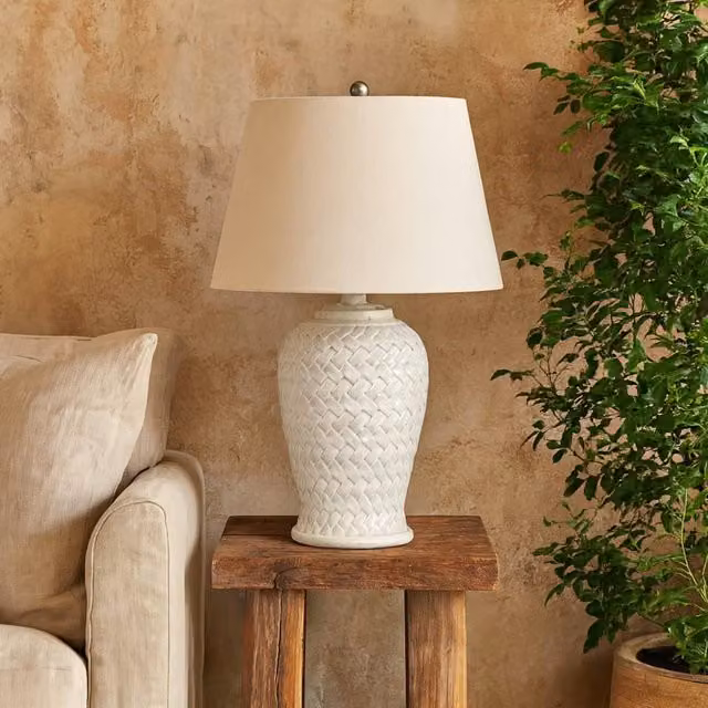 Wyld Haus Bloomvale Woven Ceramic Table Lamp with White Linen Shade – 1