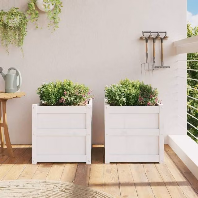 Berkfield Home Garden White Solid Wood Pine Planter Tub, 2 Pieces