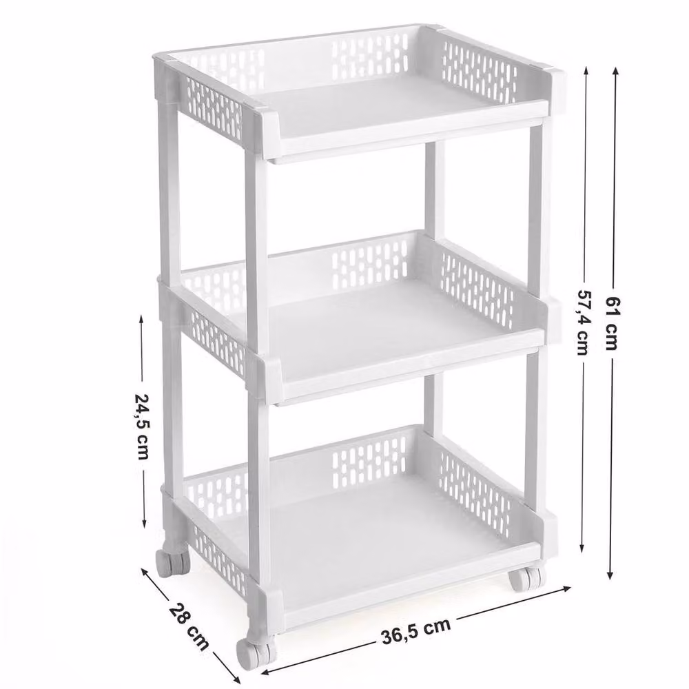 KORVIXA Rolling Trolley Storage Unit with 3 Shelves in White, W/D/H: 61 x 36.5 x 28 cm – 2