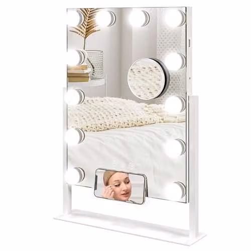 HOMCOM Hollywood LED Tabletop Makeup Mirror in White, W 37 cm x H 46 cm, with Dimmable Touch Control – 1