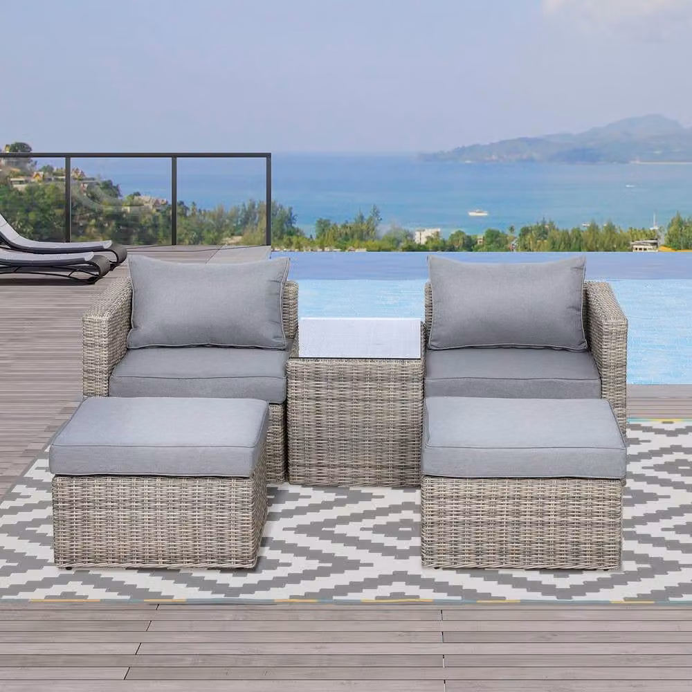 ERGOVEXA 5 Piece Brown Rattan Garden Furniture Set with Upholstered Cushions and Powder Coated Aluminium Frame – 3