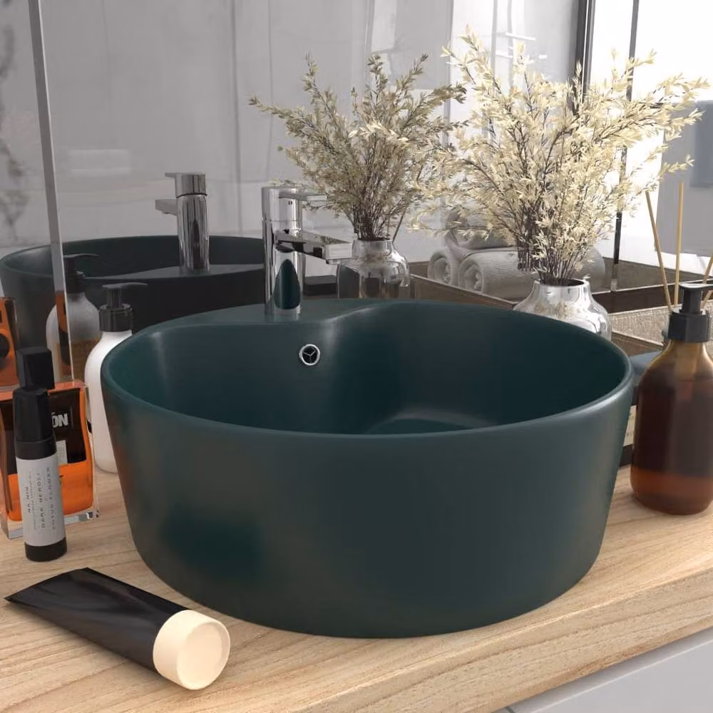 Berkfield Home Luxury Ceramic Round Countertop Wash Basin with Overflow in Matt Dark Green, W: 36 cm, D: 13 cm – 2