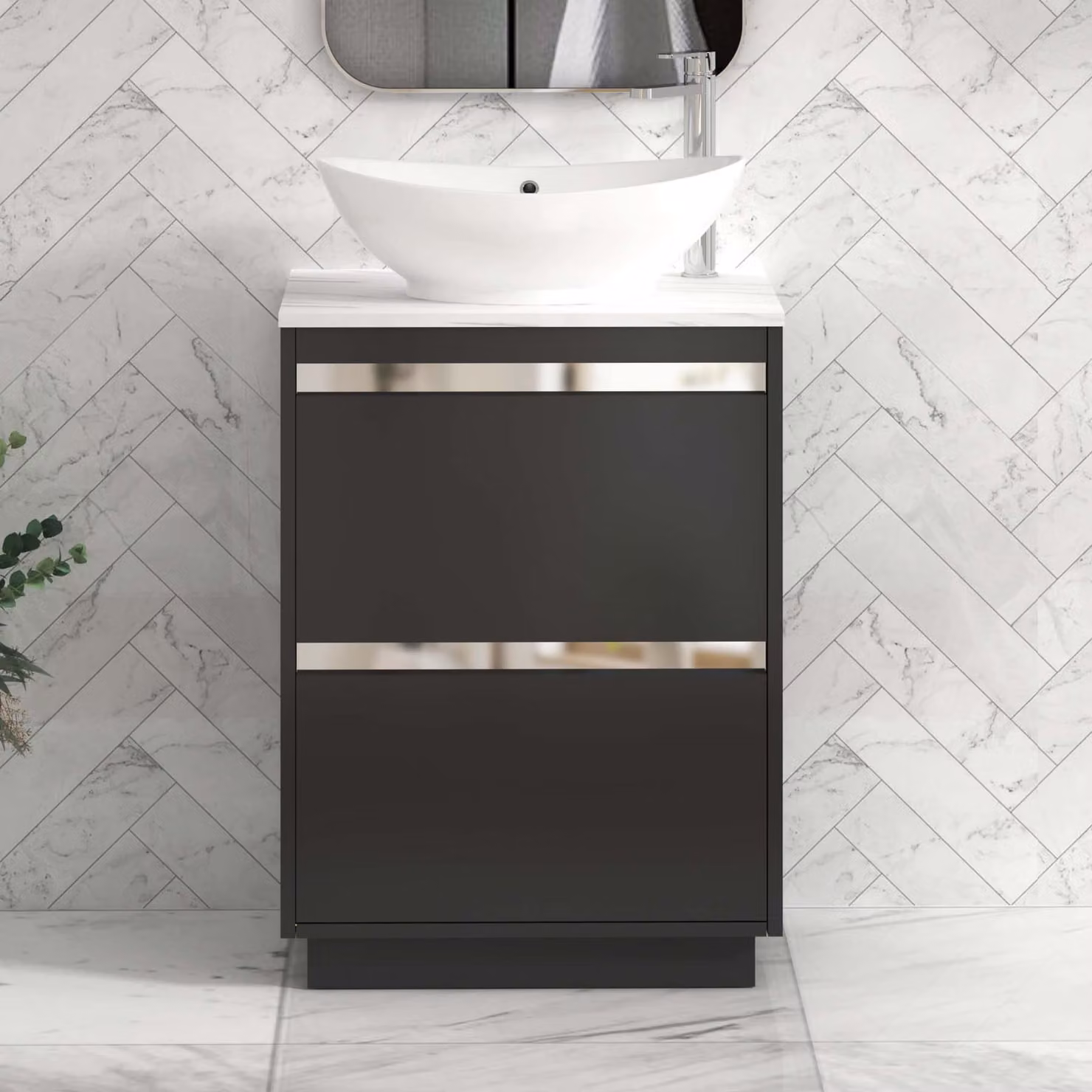 Royal Bathrooms Orion 800mm Matt Obsidian Black Floor Standing Countertop Vanity Unit with 2 Drawers, Amaze Basin and Chrome Accent Trim