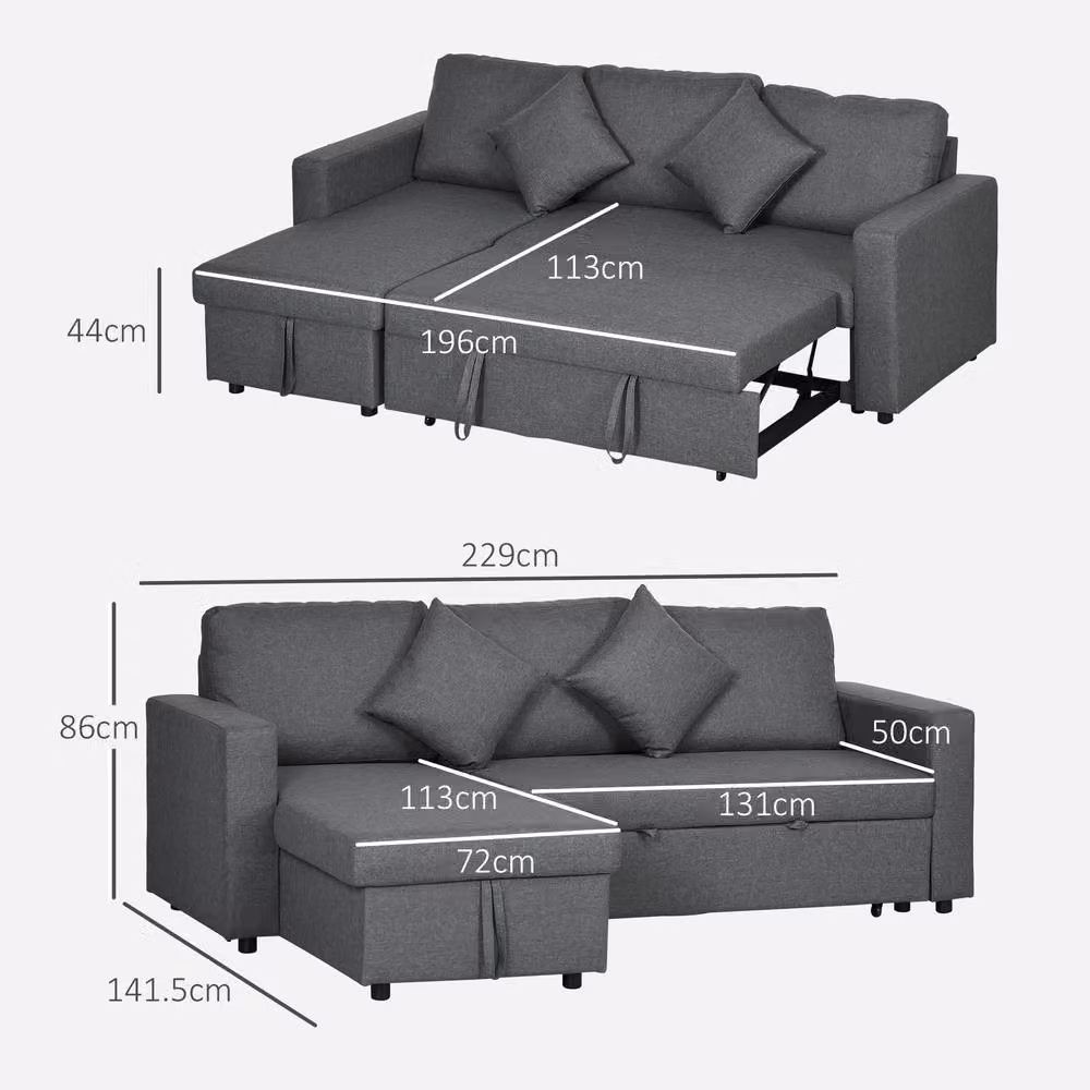 STILVORA 3 Seater Reversible Fabric Sofa Bed with Storage and Scatter Cushions in Grey – 3