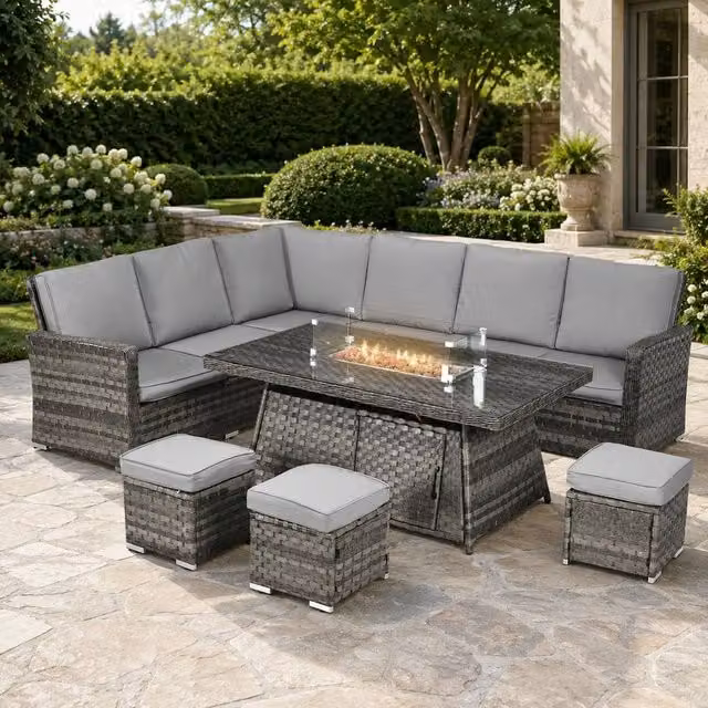 STILVORA Grey Rattan Sofa with Glass Fire Pit Table