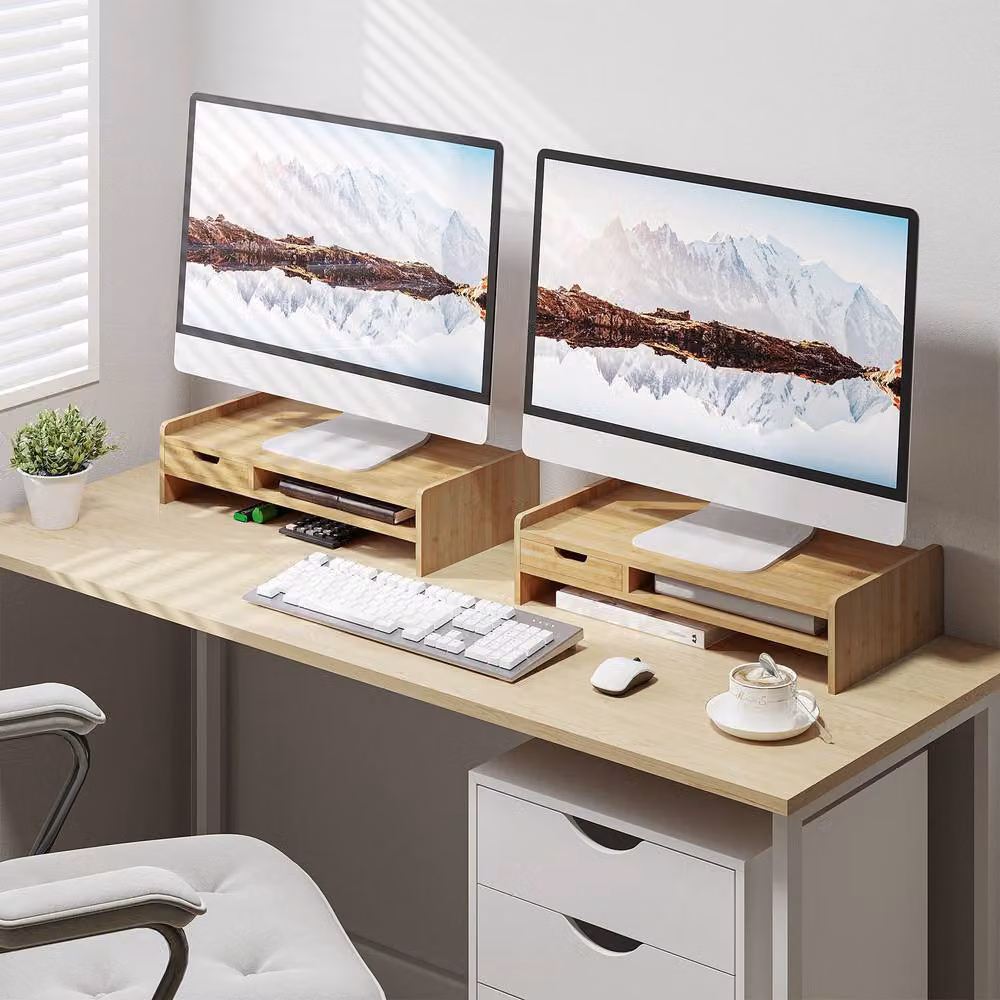 STILVORA Monitor Stand Riser with Drawer in Natural Bamboo Wood – 2