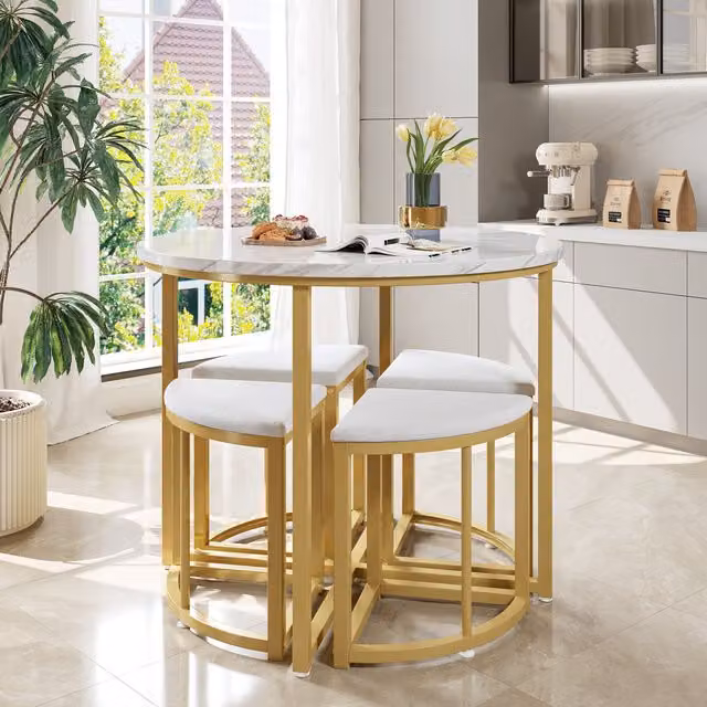 Aosom UK Dining Table and 4 Velvet Chairs Set, White and Gold, W/D/H: 80 x 80 x 75 cm – 1