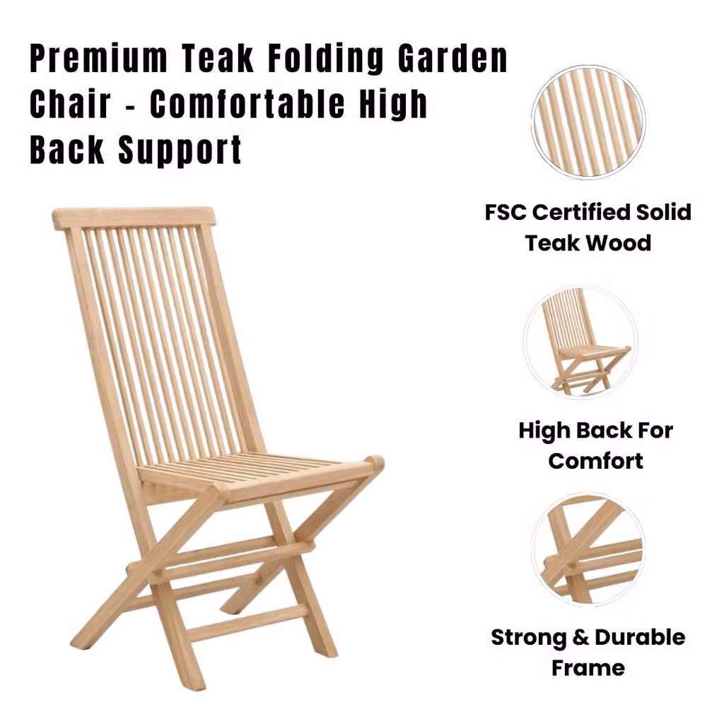 EONLION Brown Teak Wood High Back Folding Garden Chair – 4