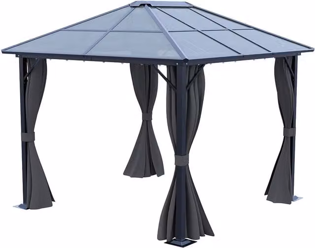 Livingandhome Metal Frame Hardtop Patio Gazebo with Curtains in Grey, W/D/H: 3 x 3 x 2.6 m