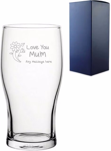 Uniqueful Personalised With Love You Mum Floral Design Engraved 20oz Pint Glass in Clear – 1