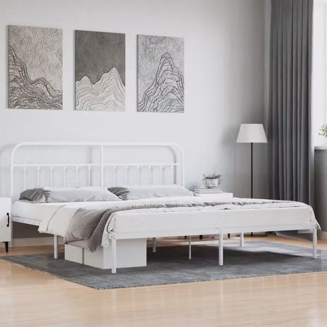 Berkfield Home Metal Bed Frame with Headboard in White, 200 x 200 cm – 1