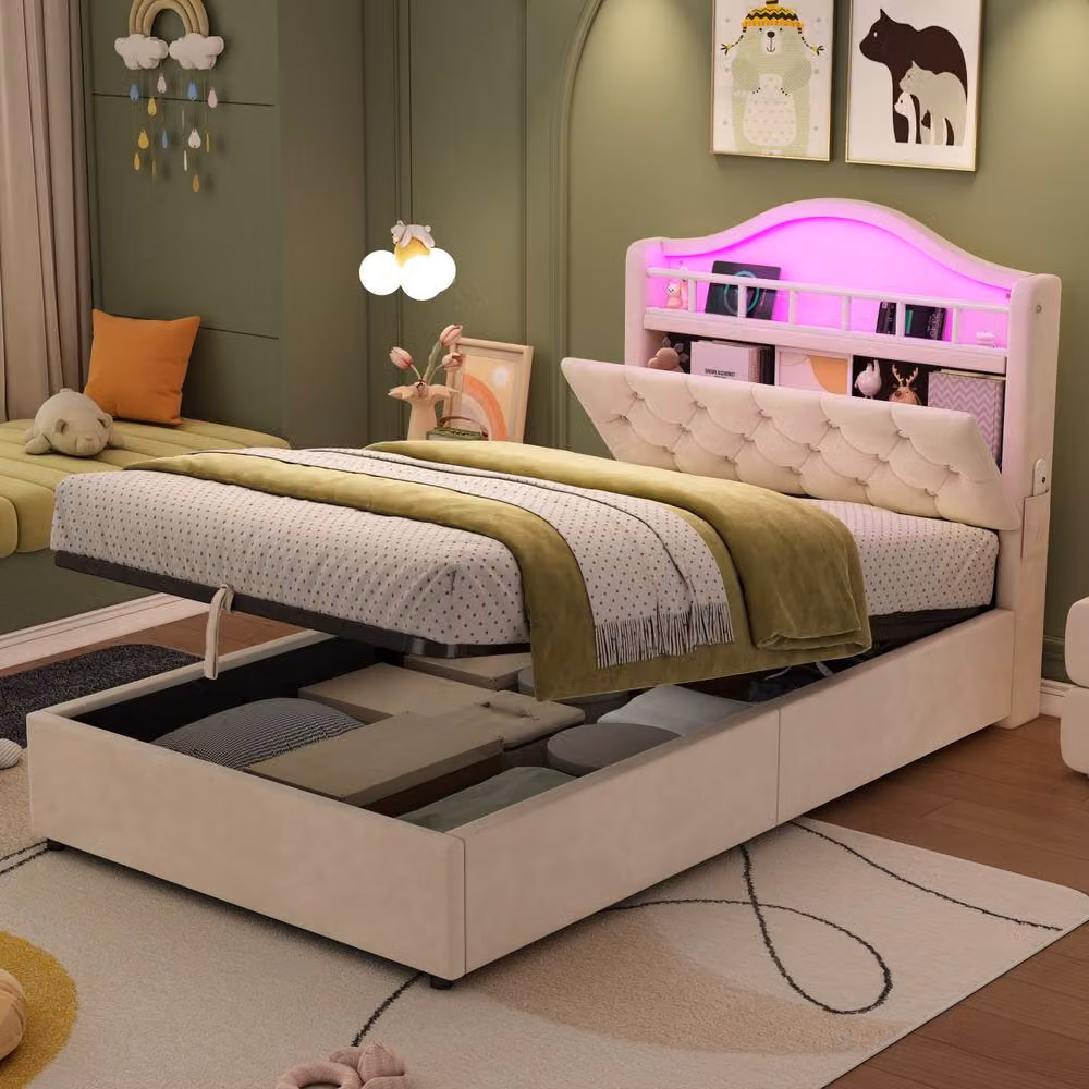 Matteo Single Hydraulic Velvet LED Bed Frame with Storage and Charging Station in Beige, W/D/H: 90 x 200 cm – 3