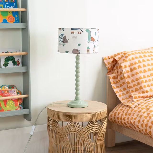 ValueLights Green Bobbin Stem Table Lamp with Kids Drum Shade and LED Bulb