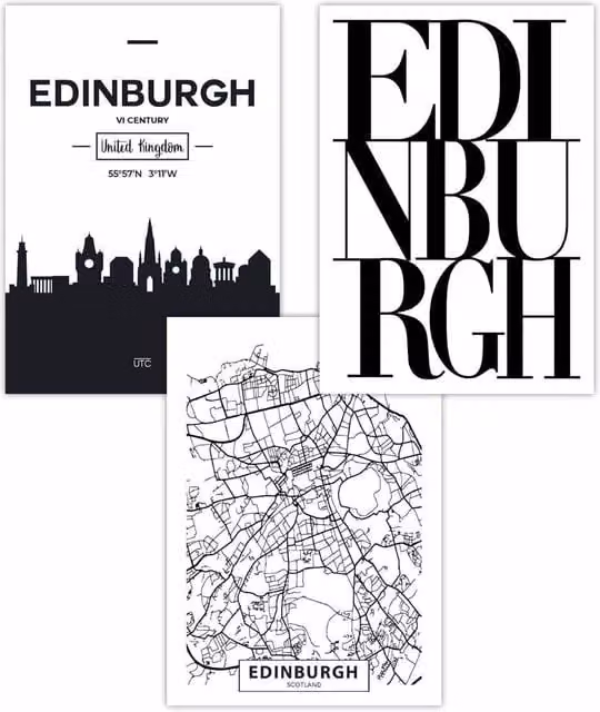 ARTZE Set of 3 Edinburgh Skyline Street Map City Print Posters in Black, W: 42 cm, H: 59 cm