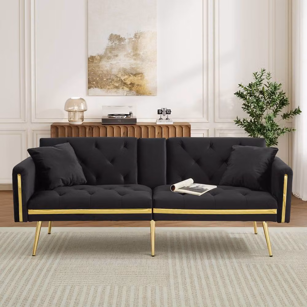 BTM Two Seater Velvet Click Clack Sofa Bed with Adjustable Headrest and Cup Holders in Black and Gold, W/D/H: 174 x 76 x 71.5 cm – 9
