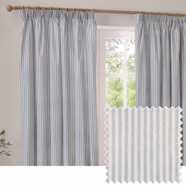 Yard Hebden Striped 100% Cotton Lined Pencil Pleat Curtain Pair in Pale Blue, Width: 168 cm, Drop: 137 cm