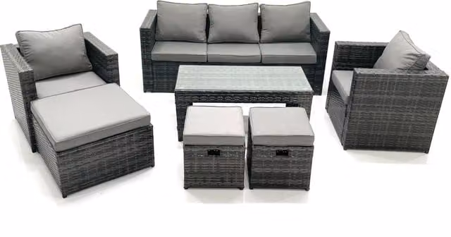 Fimous 8 Seater Rattan Garden Furniture Set in Dark Grey with Sofa, Coffee Table, 2 Armchairs and 3 Footstools