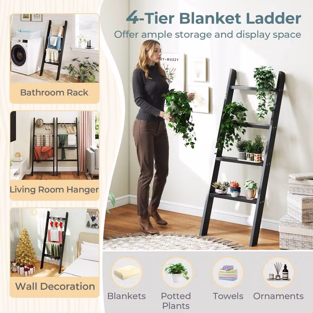 Costway 4-Tier Wooden Blanket Ladder in Black, 137 cm Wall Leaning Quilt Holder – 3