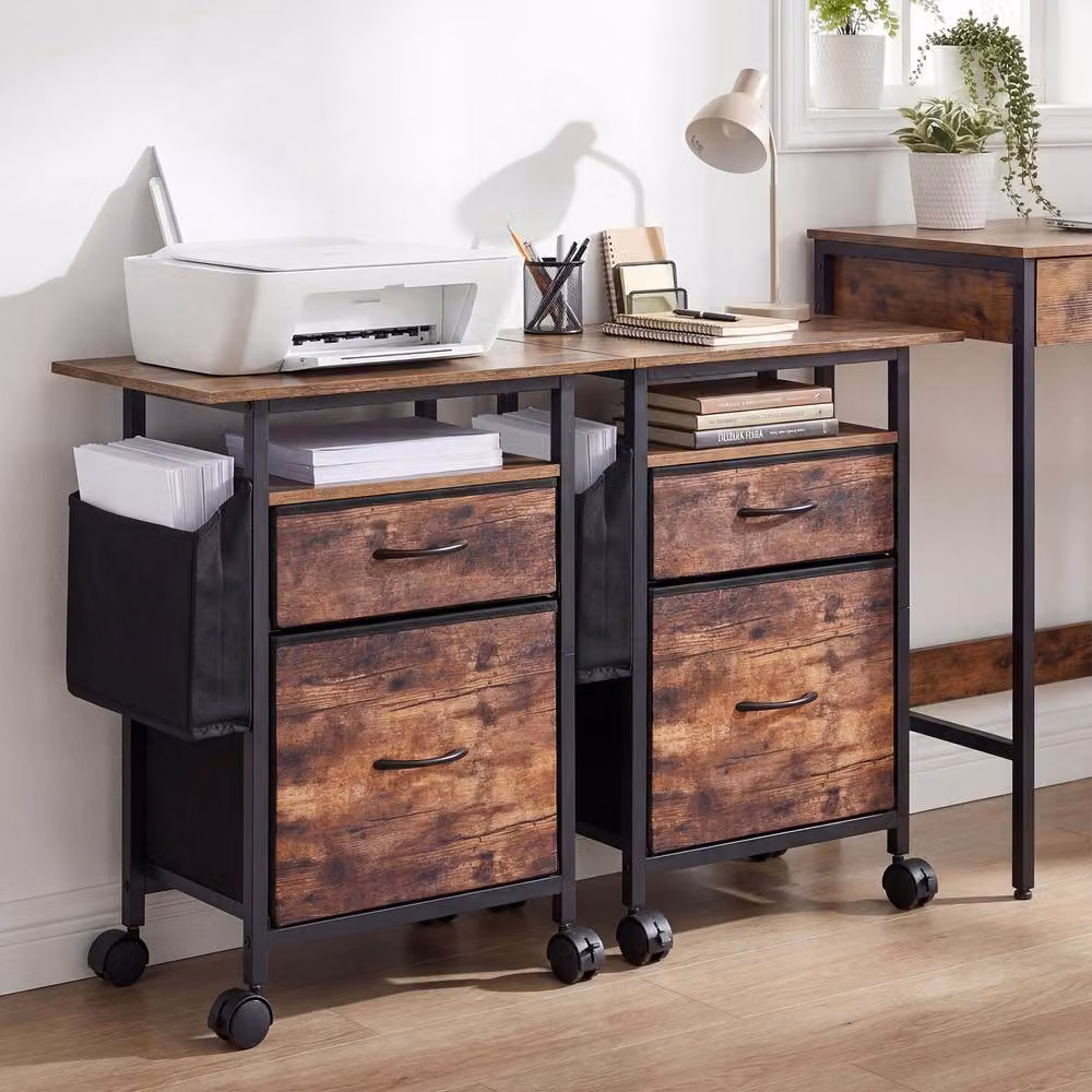 Costway 2-Drawer Mobile File Cabinet and Rolling Printer Stand with Side Bag in Brown – 3