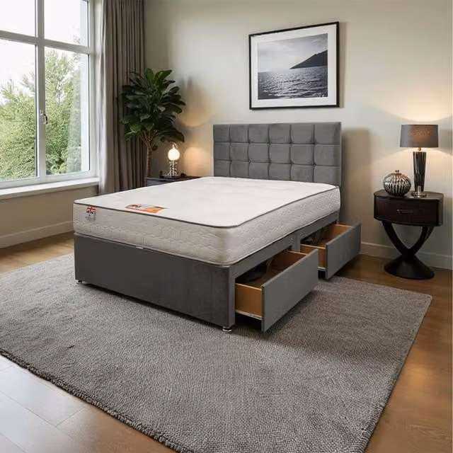 Knight Sleep Cubed Plush Superking Bed Set with Mattress and Headboard in Silver Grey