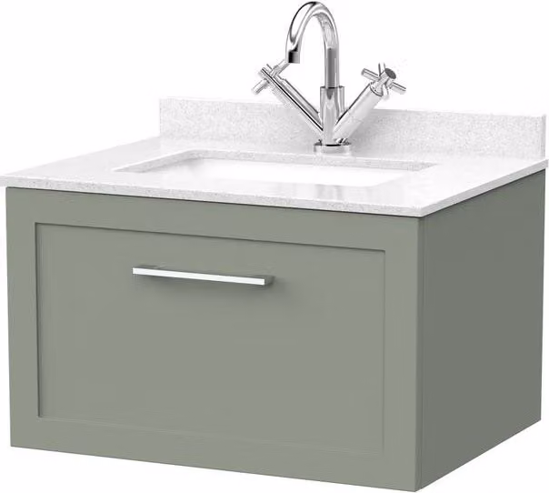 Balterley Stonnall Wall Mounted 1 Drawer Vanity Unit with Marble Top and Basin, Reed Green, Width: 60 cm