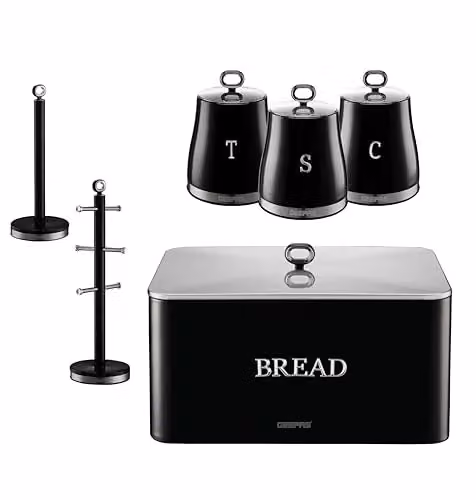 Geepas Retrovive 6 Piece Black Kitchen Storage Set with 13L Bread Bin, 1.4L Airtight Canisters, Mug Tree and Towel Pole – 4