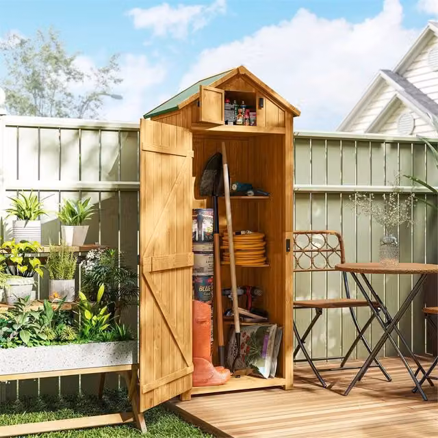 SPETLEK Brown Wooden Garden Storage Shed with 3 Shelves, H 179 x W 67 x D 45 cm