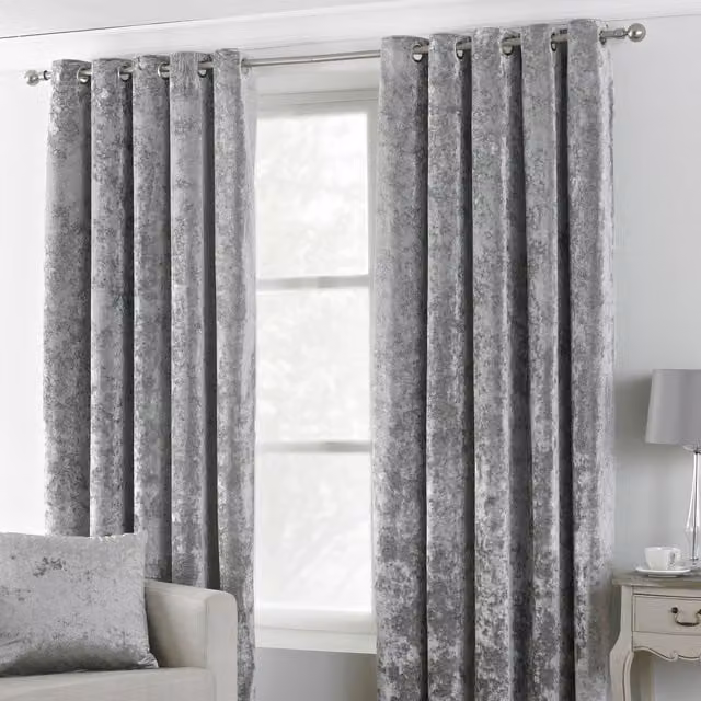 Paoletti Verona Silver Crushed Velvet Eyelet Curtains, Width: 117 cm, Drop: 137 cm
