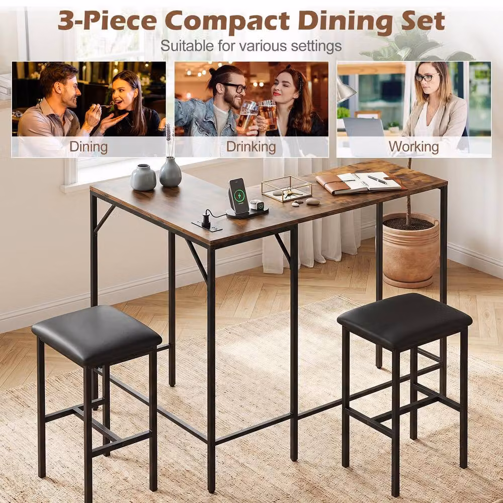 Gymax 3-Piece L-Shaped Bar Table and Chair Set in Brown – 8
