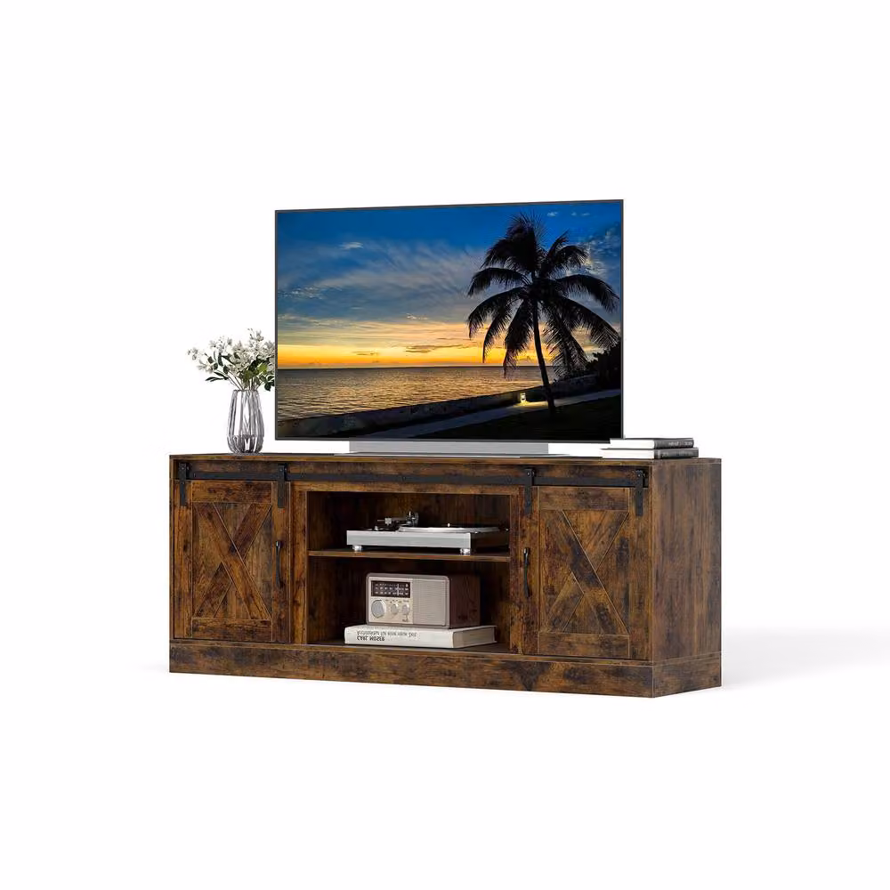 Costway Rustic Brown Wooden TV Stand Media Entertainment Cabinet for up to 70 Inch TVs – 9